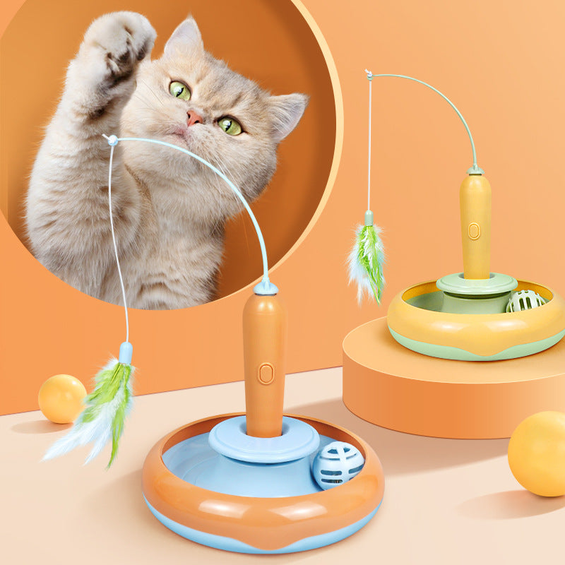 2 In 1 Pet Cat Toy With Feather For Self-play Cat Turntable Pets Supplies Cat Toy Toys Cats Items Products - PumpedPets